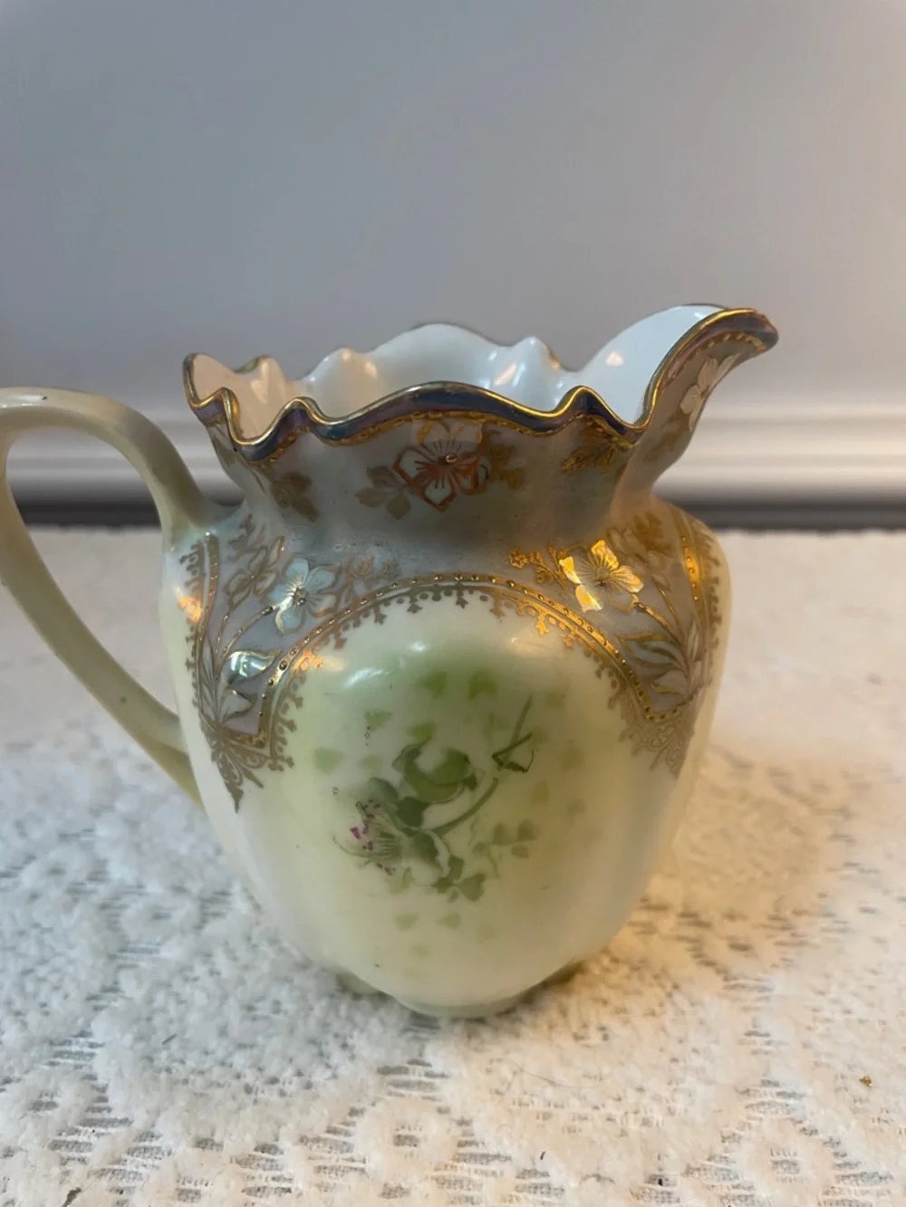 Hand-Painted Floral Porcelain Pitcher-creamer  in Green and Gold vintage